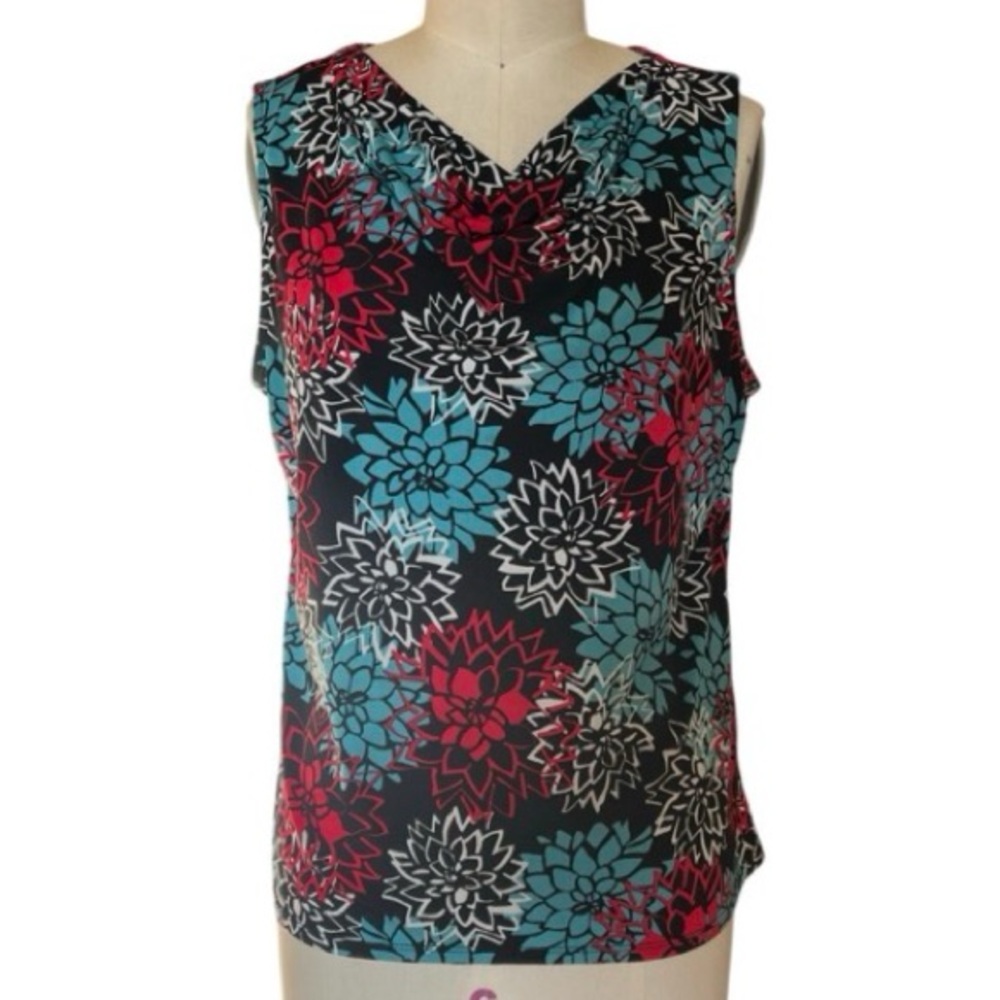 George Stretch L Teal Spray Floral Cowl Neck Artsy Slinky Liquid Knit Top Blouse